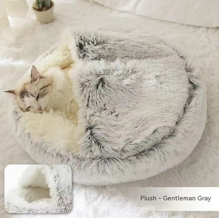 2-in-1 Dog & Cat Bed – Round Plush Winter Bed, Warm & Cozy House for Pets
