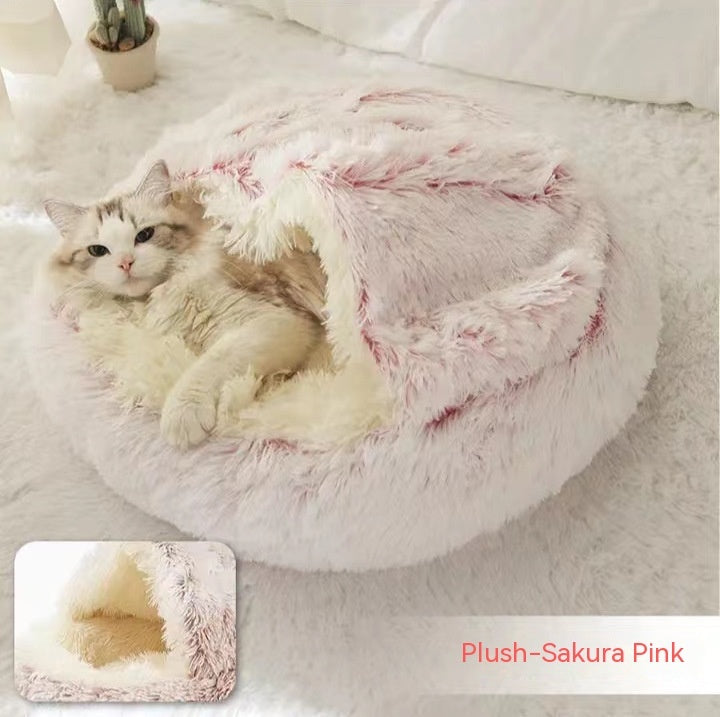 2-in-1 Dog & Cat Bed – Round Plush Winter Bed, Warm & Cozy House for Pets