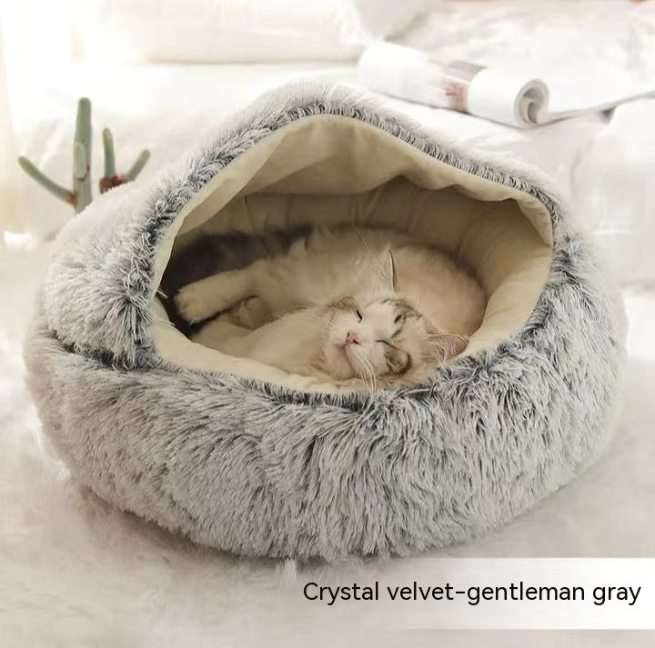 2-in-1 Dog & Cat Bed – Round Plush Winter Bed, Warm & Cozy House for Pets