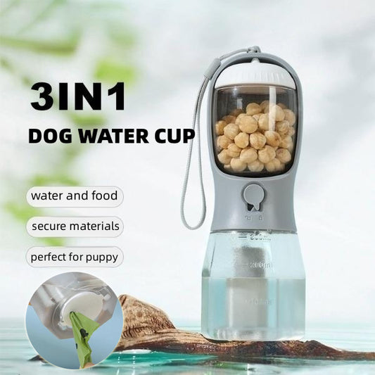 3-in-1 Portable Dog Water Bottle with Food Container & Waste Bag Dispenser – Travel Pet Water Cup