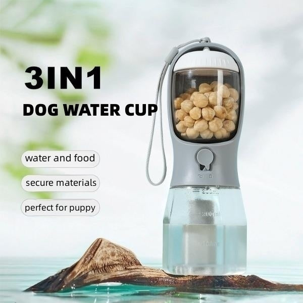 3-in-1 Portable Dog Water Bottle with Food Container & Waste Bag Dispenser – Travel Pet Water Cup