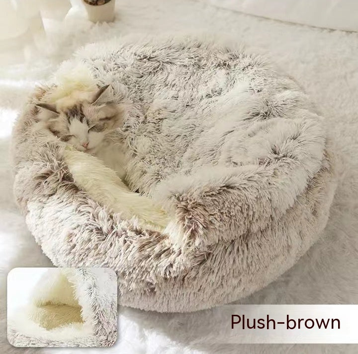 2-in-1 Dog & Cat Bed – Round Plush Winter Bed, Warm & Cozy House for Pets